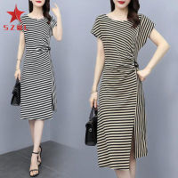 SZWL Women Dress Retro Striped Printing Round Neck Short-sleeved Waist Fit Slit Midi Skirt