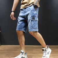 Men Summer Blue Denim Shorts Multi-Pocket Man Loose Straight Short Jeans Boys Hip Hop Tooling Shorts Cargo Denim Shorts