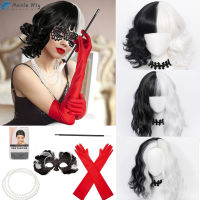 อะนิเมะ Cruella De Vil คอสเพลย์วิกผม Props Cruly ครึ่งสีดำและครึ่งสีขาวทนความร้อนวิกผมหน้ากากถุงมือสร้อยคอวิกผมหมวก