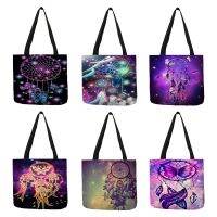 SY0031 Mandala Feather Print Shoulder Bag for Women Girls Purple Colorful Dreamcatcher Tote Bag Foldable