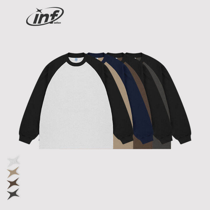 inflasi-เสื้อยืดแขนแขนยาว-raglan-lelaki-minimalism-kapas-besar-เสื้อยืดบล็อกสี