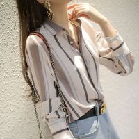 ⊙☏❒ 2023 spring new fashion striped shirt womens tops all-match Korean style shirt vertical stripes casual loose shirt