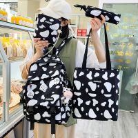 4-piece Set Cow Pattern Fashion Womens Backpack Nylon Waterproof Schoolbag For Girls Large-capacity Travel Bags