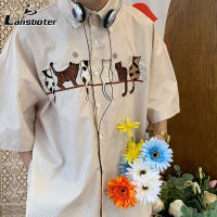 Lansboter เสื้อเชิ้ตแขนสั้นสำหรับผู้ชายเสื้อลำลองเสื้อปักลายแมว