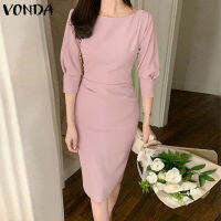 (จัดส่งฟรี)Fancystyle VONDA ชุดซันเดรสมีจีบสำหรับสาวออฟฟิศผ่าข้างแบบธุรกิจชุดเดรสมิดี