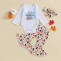 Baby Girls Halloween Clothes Pumpkin Print Long Sleeves Romper and Flared Pants Headband 3 Pieces Fall Outfits  by Hs2023