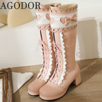 AGODOR Warm Lolita Knee High Boots White Platform Chunky Heel Cosplay Boots Women Winter Long Boots Lace Up Women Boots