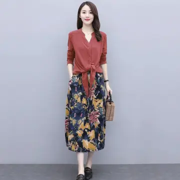 2 Pieces] COCONI Temperament Gentle Suit Women New Korean Style Flare  Sleeve Top+High Waist Skirt Two Piece Set