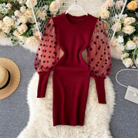 Gagarich Women Dress Korean Style Fashion Perspective Polka Dot Mesh Puff Sleeve Stitching Knitted Short Dresses Lady Vestido