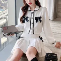 Sweet Bow Design Autumn Two Piece Set Women Single Breasted Lace Shirts + High Waist Pleated Skirts Suits Casual Elegant Outfits