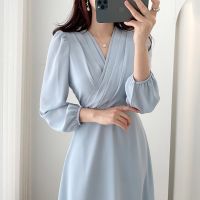 COD DSFGREYTRUYTU Korean Chic Autumn Retro Elegant Pleated Cross V-neck High Waist Slimming Chiffon Dress Overknee Dress