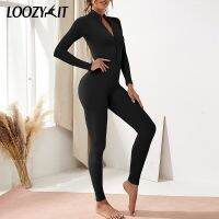 Womens Sports Jumpsuit With Zip Tight Yoga Bodysuit Overall Long Sleeve Bodycon Romper Playsuits Leggings Sports Suit Yoga