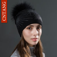 CNTANG 2021 Rhinestone Knitted Wool Hats With Natural Raccoon Fur Pom Pom Caps Autumn Winter Warm Hat For Women Fashion Beanies