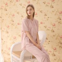 2022 new summer fungus collar embroidered ladies pajamas short-sleeved double-layer yarn cotton trousers home service suit top