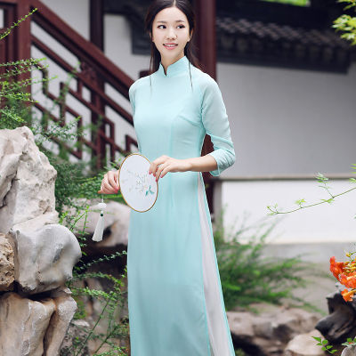 Qi Nian Original Design เวียดนาม Ao Dai ปรับปรุง Cheongsam ยาว Retro ชุดชาหญิงสี่สี L512