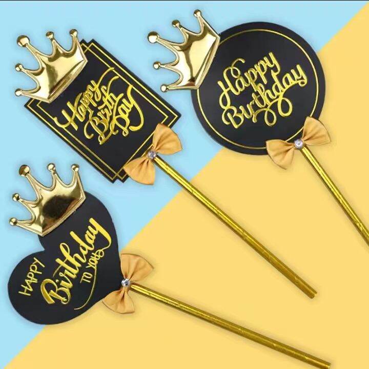 Ins Style Gold Crown Bowknot Happy Birthday Paper Card Cake Topper Plug