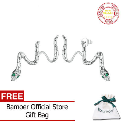 BAMOER ต่างหูเงินแท้925สีเขียว Zircon Snake Stud Earrings ไม่สม่ำเสมอสำหรับผู้หญิง Cool Fashion Fine Jewelry BSE76383124