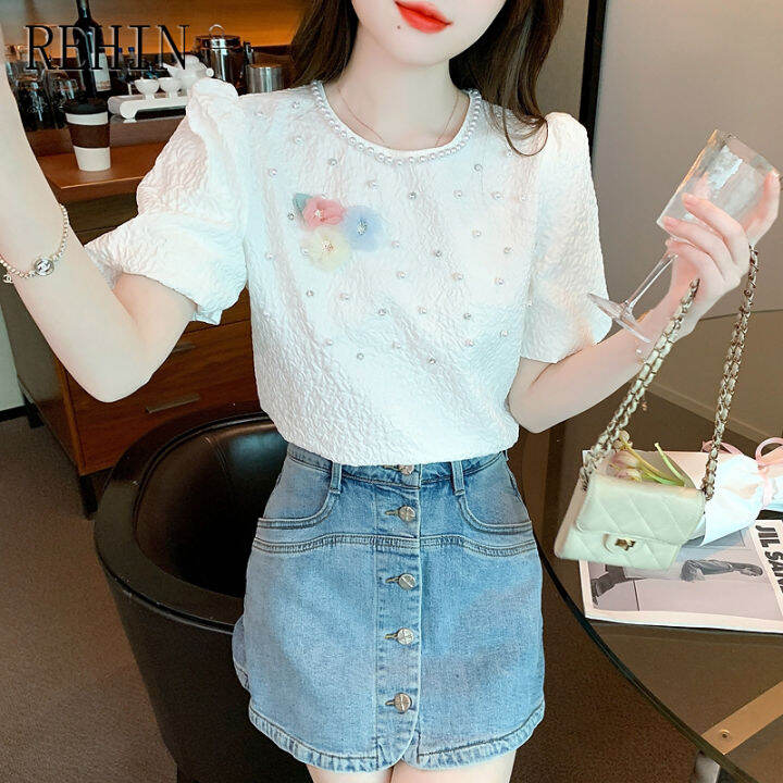 rehin-เสื้อแขนพองสีขาวสำหรับผู้หญิง-เสื้อเสื้อผู้หญิงแขนสั้นแขนพองสีขาวลายดอกไม้ลูกปัดแต่งเล็บเบาหรูหรามาใหม่ฤดูร้อน