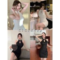 Cici(3061)Mini dress เดรสสั้นทรงกี่เพ้าคอจีน ผ้าเทกเจอร์สวย ทรงสวยสับปังมากก