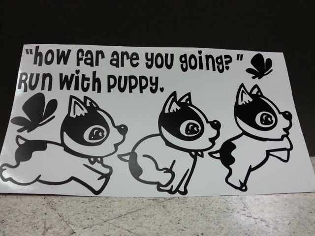 สติ๊กเกอร์งานตัดคอม-น้องหมาวิ่ง-3-ตัว-ติดรถ-แต่งรถ-หมา-สุนัข-น่ารัก-วิ่ง-ผีเสื้อ-sticker-how-far-are-you-going-run-with-puppy-สวย-งานดี-หายาก-ติดท้ายรถ