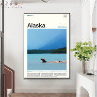 โปสเตอร์การท่องเที่ยว Alaska ลายทะเลสาบสีฟ้ารูปภาพตกแต่งบ้านน้ำมันวิวศิลปะธรรมชาติ Alaska สำนักงาน