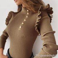 【hot】┇✥  Sleeve Rib Blouse Turtleneck Buttons Ruffle Sweater Womens Clothing свитера женские 2022 Pull