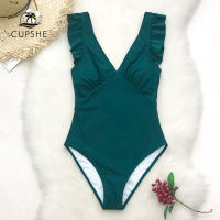 CUPSHE Green Teal Plunging Solid Swimsuit Women Ruffle Ruched Monokini 2022 Girl Beach Bathing Suits