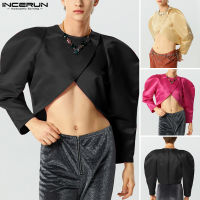 Beehoo INCERUN เสื้อครอปผ้าซาตินพองแขนยาวแหวกแนวของผู้ชายเสื้อยืดคอกลมเสื้อยืดสีพื้น (สไตล์ตะวันตก)