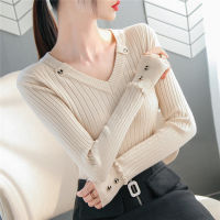 2022 NEW Autumn Women Sweater Knitted Long Sleeve Casual V-Neck Pullovers Slim-fit Tops Vintage Button Office Chic Sweater