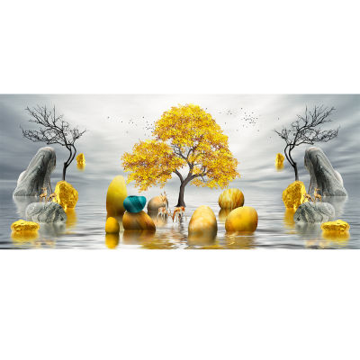 Modern Golden Abstract Art Golden Tree and Stone Pictures Painting Wall Art for Living Room Home Decor (No Frame)