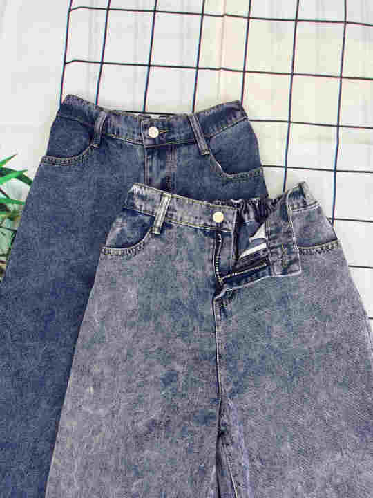 กางเกงยีนส์แฟชั่นนำเข้าสไตล์เกาหลี-กางเกงยีนส์เอวสูง-กางเกงยีนส์ขากระบอก-เอวยางยืดฟรีไซส์