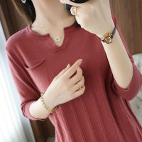 20212021 summer new ladies pure cotton T-shirt V-neck casual knitted sweater half sleeve plus size womens tops solid color tees hot