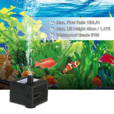 150L/H 2W ปั๊มน้ำแบบจุ่มสำหรับ Aquarium น้ำพุแบบตั้งโต๊ะบ่อน้ำสวนและระบบไฮโดรโปนิกพร้อมหัวฉีดทางเดียว4.9ft(1.5M) สายไฟ AC220-240V