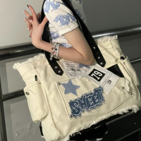 Hot Star ตัวอักษรพู่ Vintage ผ้าใบ Tote กระเป๋าญี่ปุ่นความจุสูง Harajuku ไหล่ใต้วงแขนกระเป๋าผู้หญิง Y2k Aesthetic กระเป๋าถือ