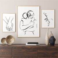 Couple Line Drawing Wall Art ภาพวาดผ้าใบ-โรแมนติกโปสเตอร์และพิมพ์ Kissing Huging Hand Love ภาพผนังสำหรับห้องนั่งเล่น