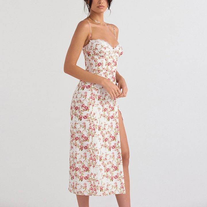 sweet-and-pure-and-fresh-rural-wind-splicing-printing-flower-bud-silk-dress-skirt-to-show-thin-split-condole-belt-of-tall-waist-of-dress