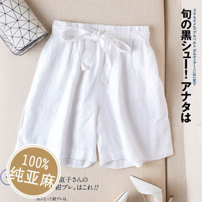 Women Summer Fashion Korean Style Pure Linen Wide Leg Shorts Office Lady Solid Color Elastic Waist Casual Harajuku Ulzzang Short