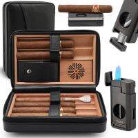 ❅♦∏ Cigar Humidor Leather Cedar Wood Cigar Case with Cigar Lighter V Cut Cigar CutterCigar Holder 3 in 1 Travel Cigar Humidor Box