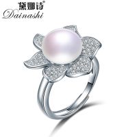 [Zhongxi ornaments ] Dainashi Gorgeous 925 Sterling Silver Flower Zircon Crystal Adjustable Ring Luxury 100 Genuine Freshwater Cultured Pearl Ring