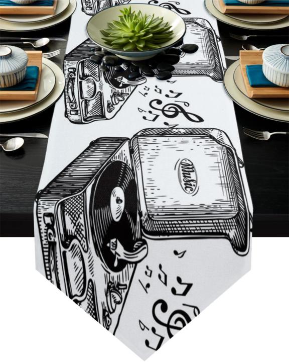 note-music-black-white-watercolor-splash-table-runner-for-ho-wedding-party-cake-floral-tablecloth-home-decoration