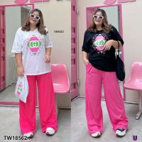 [ส่งไว!] M18562  Set #Bigsize 2 ชิ้น เซทเสื้อยืดคอกลมแขนสั้นทรง Oversize สกรีนลาย มาพร้อมกางเกงขายาวทรงกระบอกใหญ่ สีชมพูหวานแหวว มีกระเป๋าล้วงข้าง