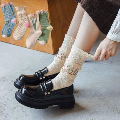 [Lady Sugar] ถุงเท้าระบายอากาศสไตล์เกาหลีถุงเท้าผ้าฝ้ายสไตล์ดอกทิวลิป,ถุงเท้าครึ่งน่องแต่งระบายฟูน่ารักหวานแหววบฤดูใบไม้ร่วงฤดูหนาว