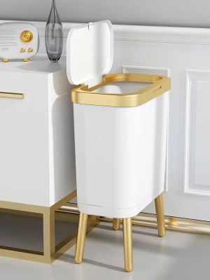 15L Luxury Golden ถังขยะสำหรับห้องครัวห้องน้ำ Creative Quadruped สูงเท้า Push-type พลาสติกแคบถังขยะพร้อมฝาปิด