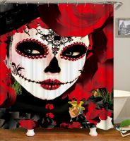 Sugar Skull Girl Showers Curtain Red Rose Flower Funny Clown Fabric ม่านอาบน้ำกันน้ำตกแต่งอ่างอาบน้ำด้วย 12 Hooks 180 * 180 ซม