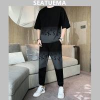 SEATUEMA ชุดกีฬาสำหรับผู้ชายสองชิ้นแฟชั่นสบาย ๆ ฤดูร้อนกับเสื้อผ้าผู้ชายหล่อ