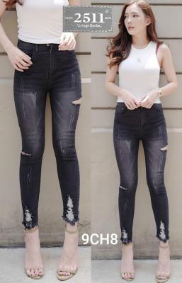 👖2511 Vintage Denim Jeans by Araya กางเกงยีนส์ ผญ กางเกงยีนส์เอวสูง กางเกงยีนส์ผู้หญิง กางเกงยีนส์ กางเกงยีนส์ยืด เอวสูง สีดำแต่งขาดแบบเก๋ๆ เนื้อผ้านิ่มใส่สบาย เข้ารูปเป๊ะเว่อร์