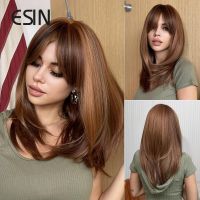 ESIN Synthetic Long Brown Wigs for Women Curly Hair wig Ombre Color with Fringe