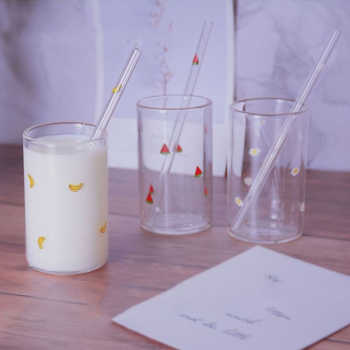 แก้วแก้วพร้อมหลอดผลไม้แตงโมสตรอเบอร์รี่องุ่นขนาด300มล-ถ้วยความคิดสร้างสรรค์โปร่งใสแก้วทนความร้อนได้นมสำหรับนักเรียน