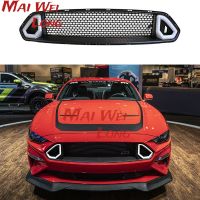 กระจัง Kisi-Kisi Depan สำหรับ Ford Mustang 2018-2021 RTR บาร์สไตล์สีดำอะไหล่รถยนต์กันชนระบายอากาศฝาครอบตาข่ายพร้อมไฟ LED สีขาว87Tixgportz