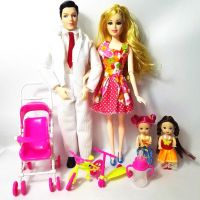 Toys Fashion Family 4 People Dolls Suits 1 Mom 1 Dad 2 Little Kelly Girl 1 Baby Carriage Real Girls Doll Gifts